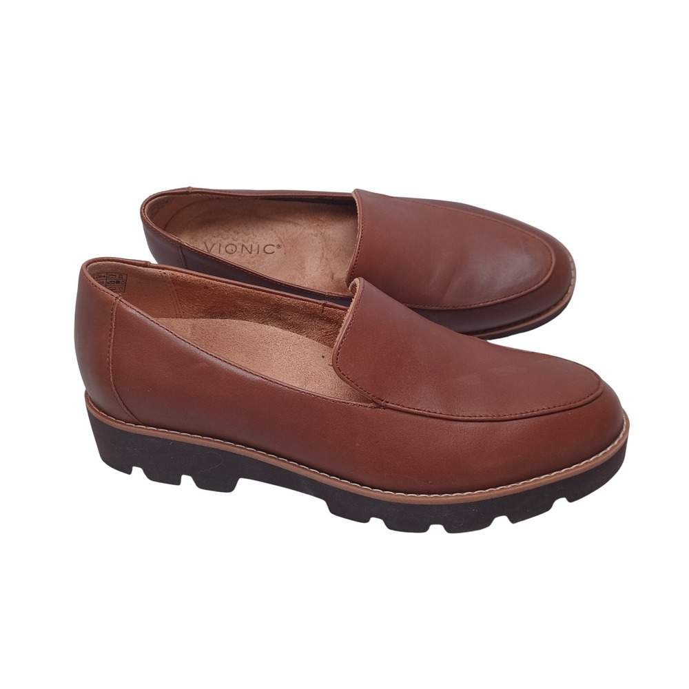 Vionic Kinsley Tan Brown Leather Lug Sole Platform Loafers‎ Womens 7M Orthotic